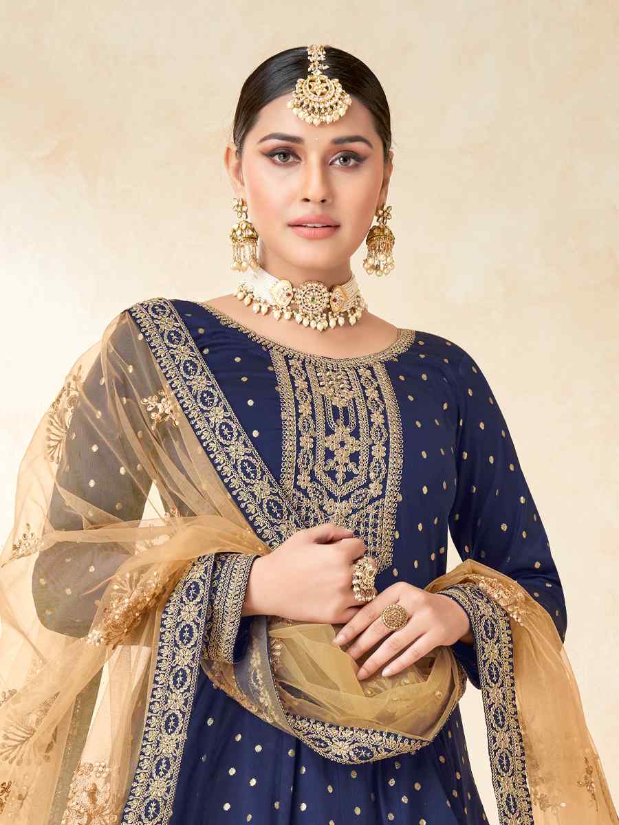 Blue Tafeta Butti Embroidered Wedding Festival Anarkali Salwar Kameez