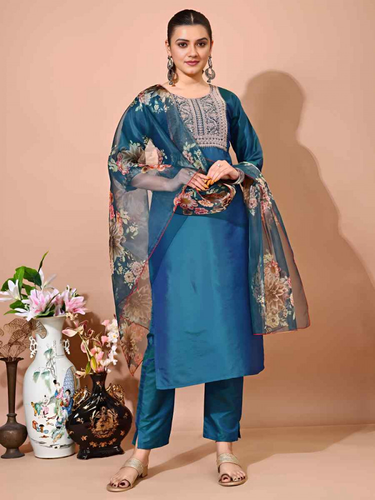 Blue Taffeta Silk Embroidered Festival Casual Pant Ready Salwar Kameez