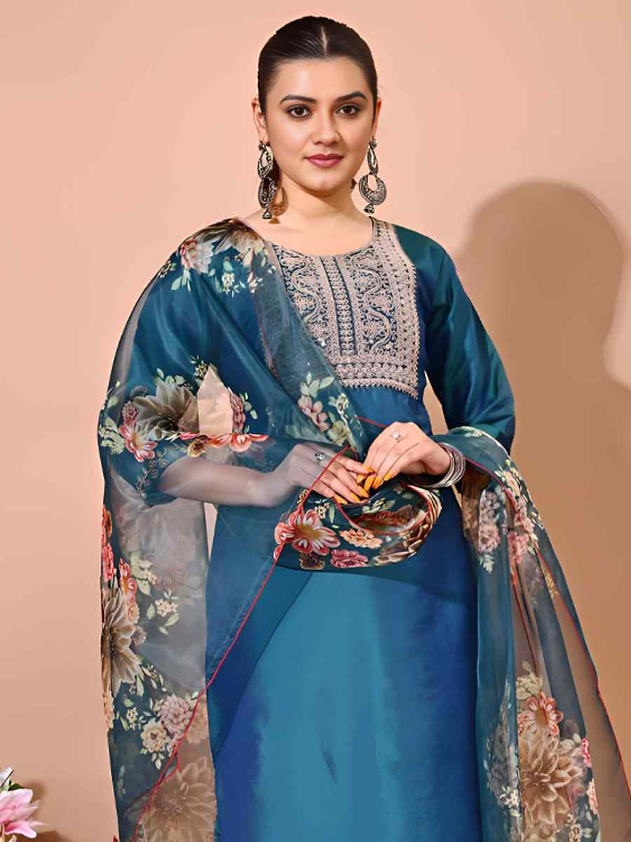 Blue Taffeta Silk Embroidered Festival Casual Pant Ready Salwar Kameez