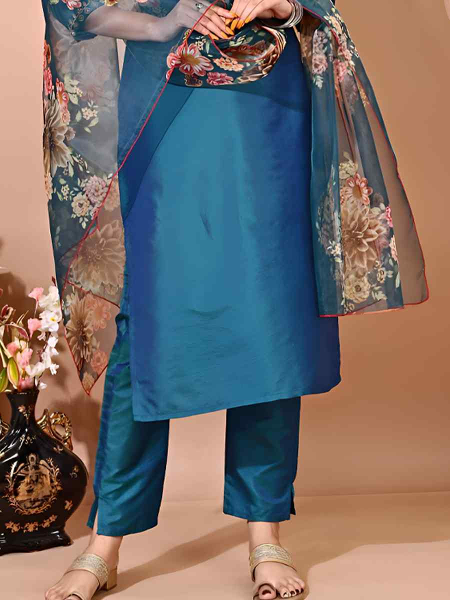 Blue Taffeta Silk Embroidered Festival Casual Pant Ready Salwar Kameez