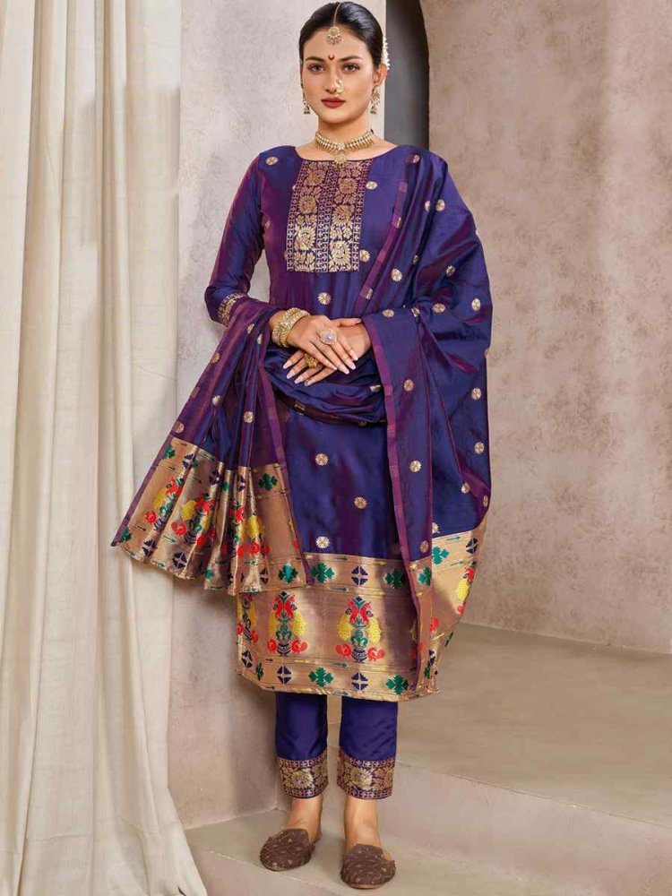 Blue Tapeta Silk Embroidered Casual Festival Pant Salwar Kameez