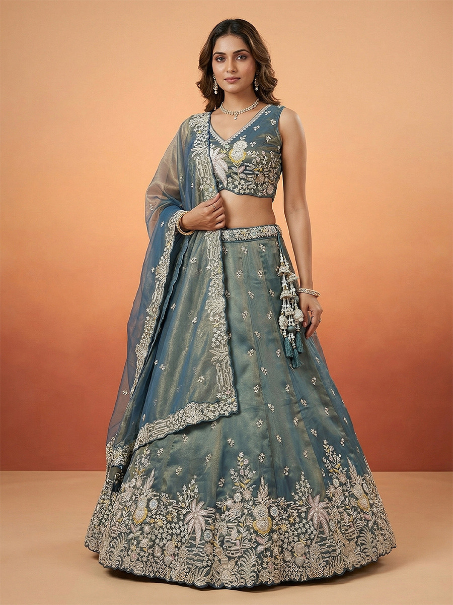 Blue Tissue Embroidery Wedding Reception Party Festival Heavy Border Lehenga Choli