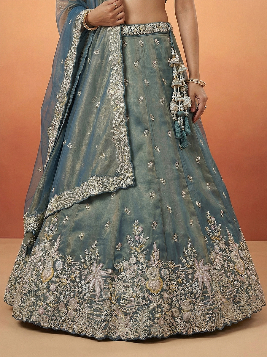 Blue Tissue Embroidery Wedding Reception Party Festival Heavy Border Lehenga Choli