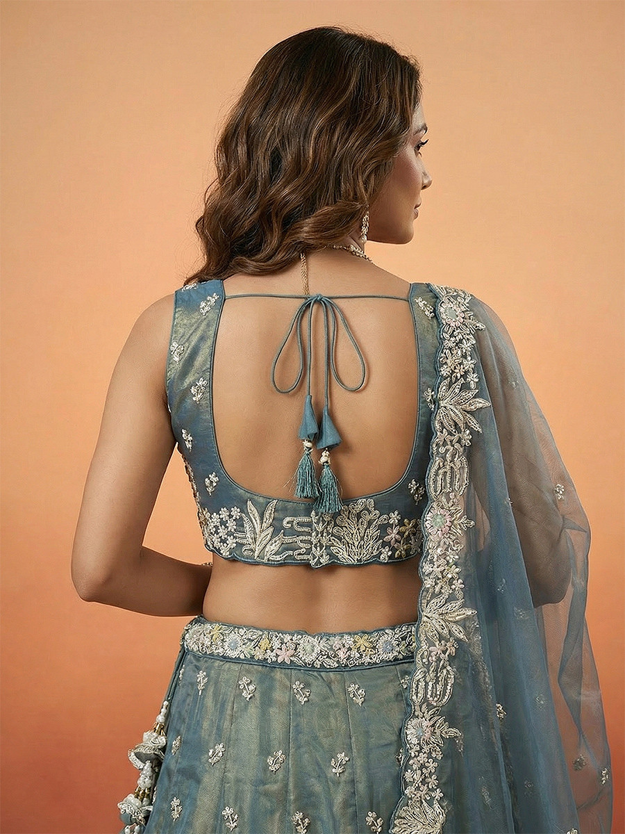 Blue Tissue Embroidery Wedding Reception Party Festival Heavy Border Lehenga Choli