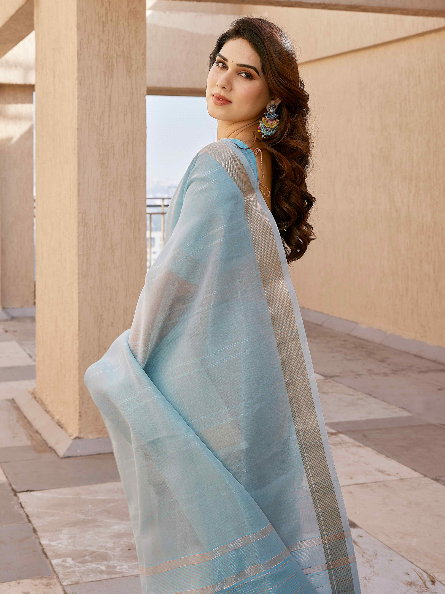 Blue Tissue Linen Silk Zari Handwoven Casual Reception Festival Wedding Fancy Classic Style Sarees