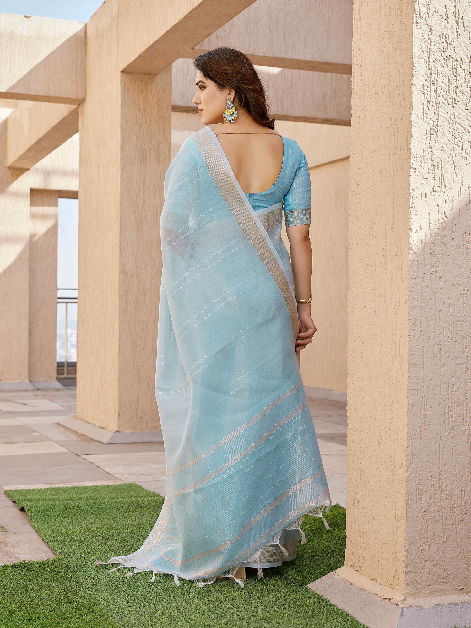 Blue Tissue Linen Silk Zari Handwoven Casual Reception Festival Wedding Fancy Classic Style Sarees
