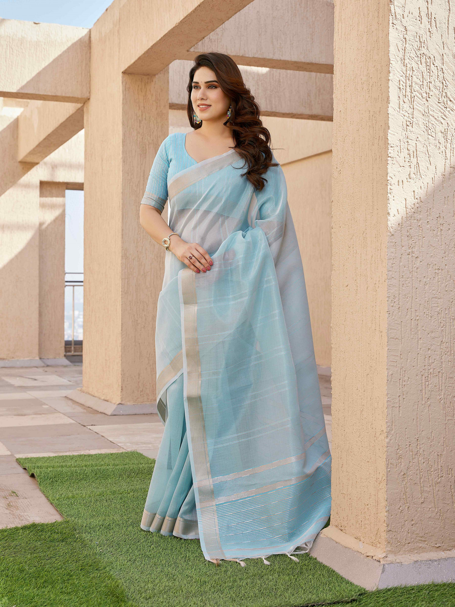 Blue Tissue Linen Silk Zari Handwoven Casual Reception Festival Wedding Fancy Classic Style Sarees