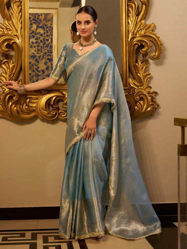 Blue Tissue Shimmer Handwoven Festival Wedding Fancy Heavy Border Saree