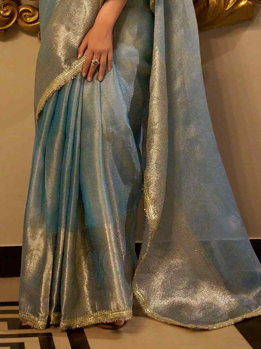 Blue Tissue Shimmer Handwoven Festival Wedding Fancy Heavy Border Saree
