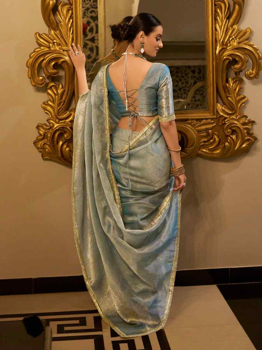 Blue Tissue Shimmer Handwoven Festival Wedding Fancy Heavy Border Saree