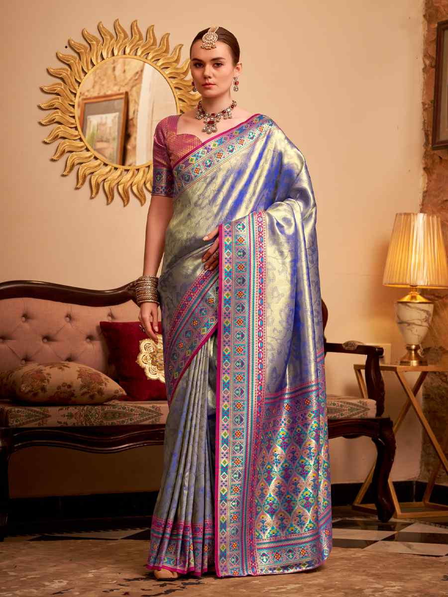 Blue Tissue Silk Handwoven Traditional Bridal Reception Festival Wedding Fancy Heavy Border Saree