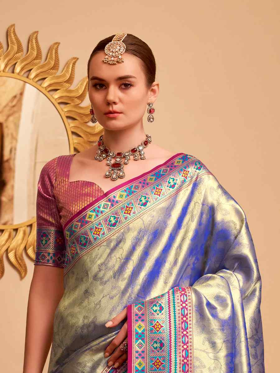 Blue Tissue Silk Handwoven Traditional Bridal Reception Festival Wedding Fancy Heavy Border Saree