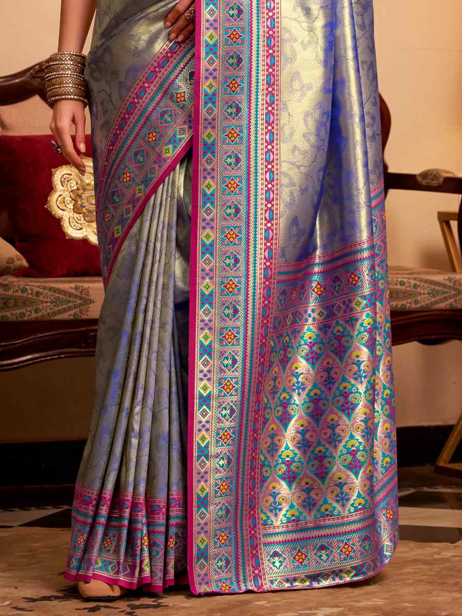 Blue Tissue Silk Handwoven Traditional Bridal Reception Festival Wedding Fancy Heavy Border Saree