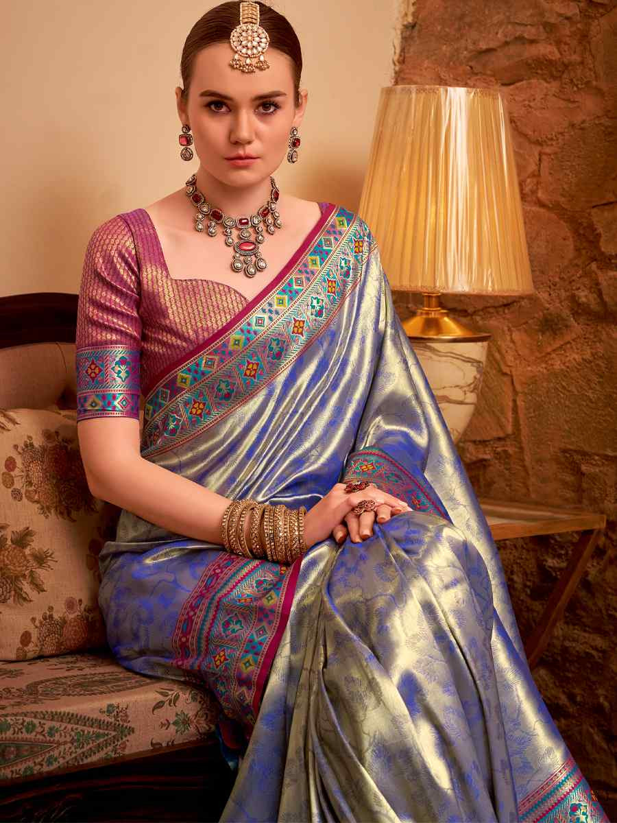 Blue Tissue Silk Handwoven Traditional Bridal Reception Festival Wedding Fancy Heavy Border Saree