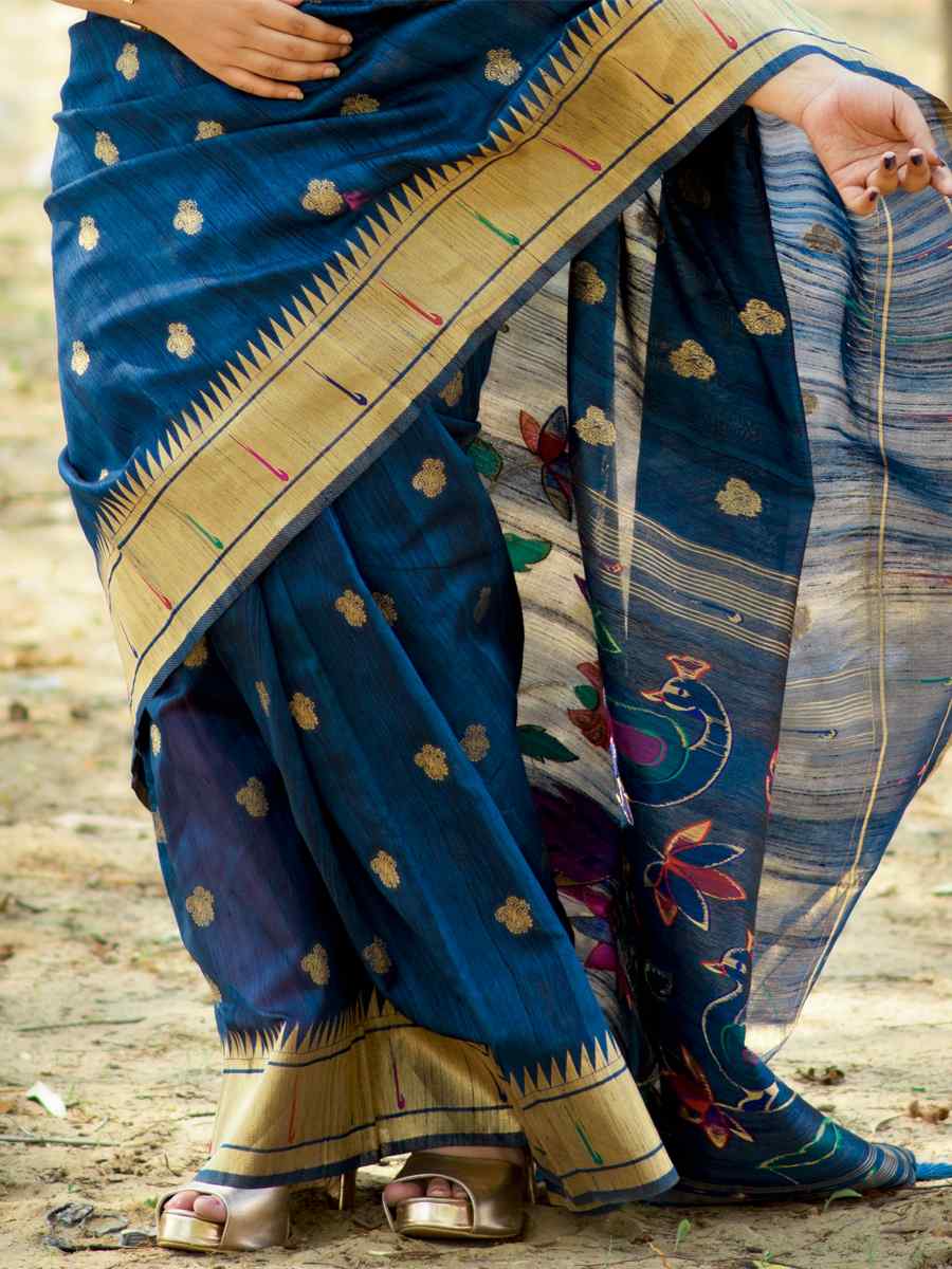 Blue Tussar Silk Handwoven Wedding Festival Heavy Border Saree