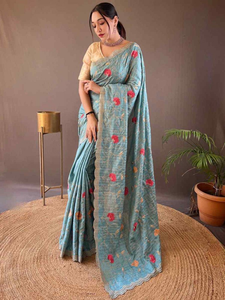 Blue Tussar Silk Handwoven Wedding Festival Heavy Border Saree