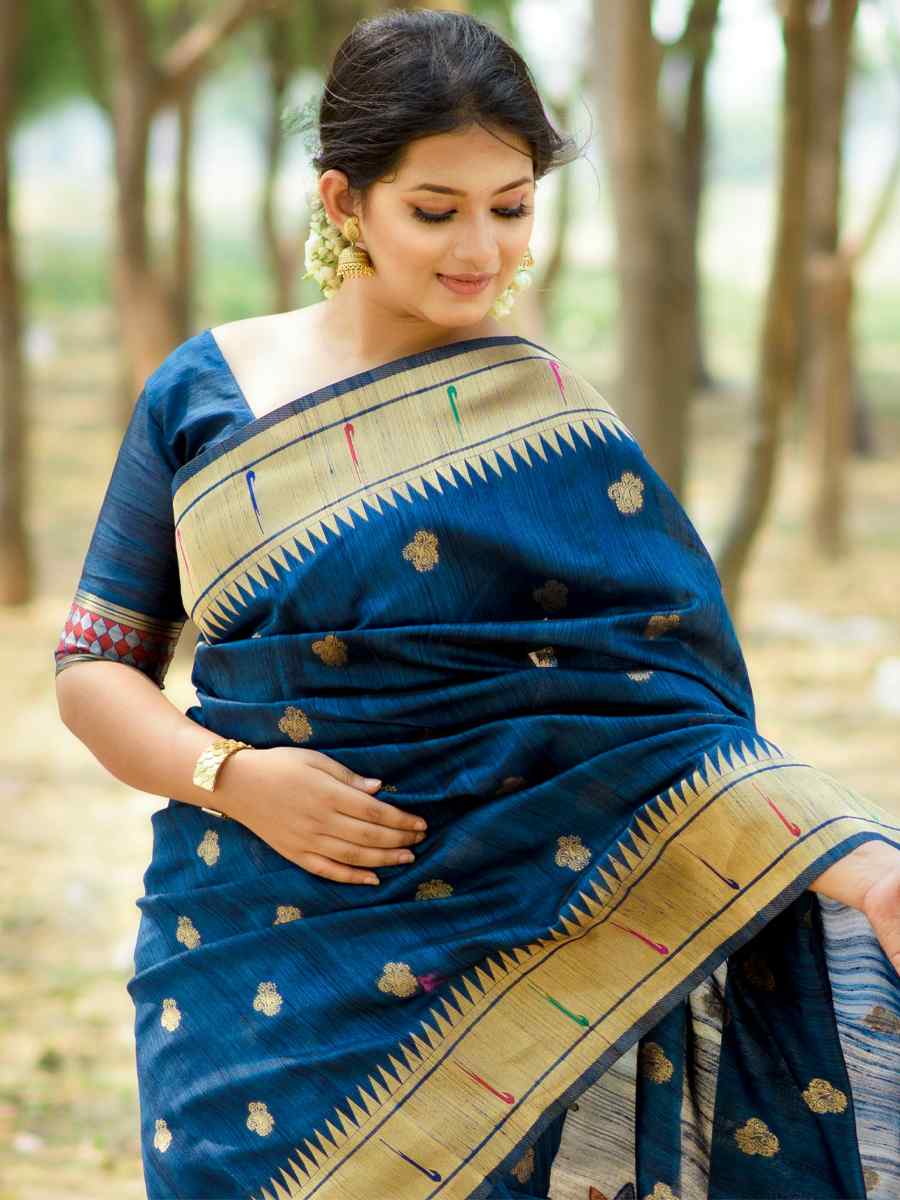 Blue Tussar Silk Handwoven Wedding Festival Heavy Border Saree