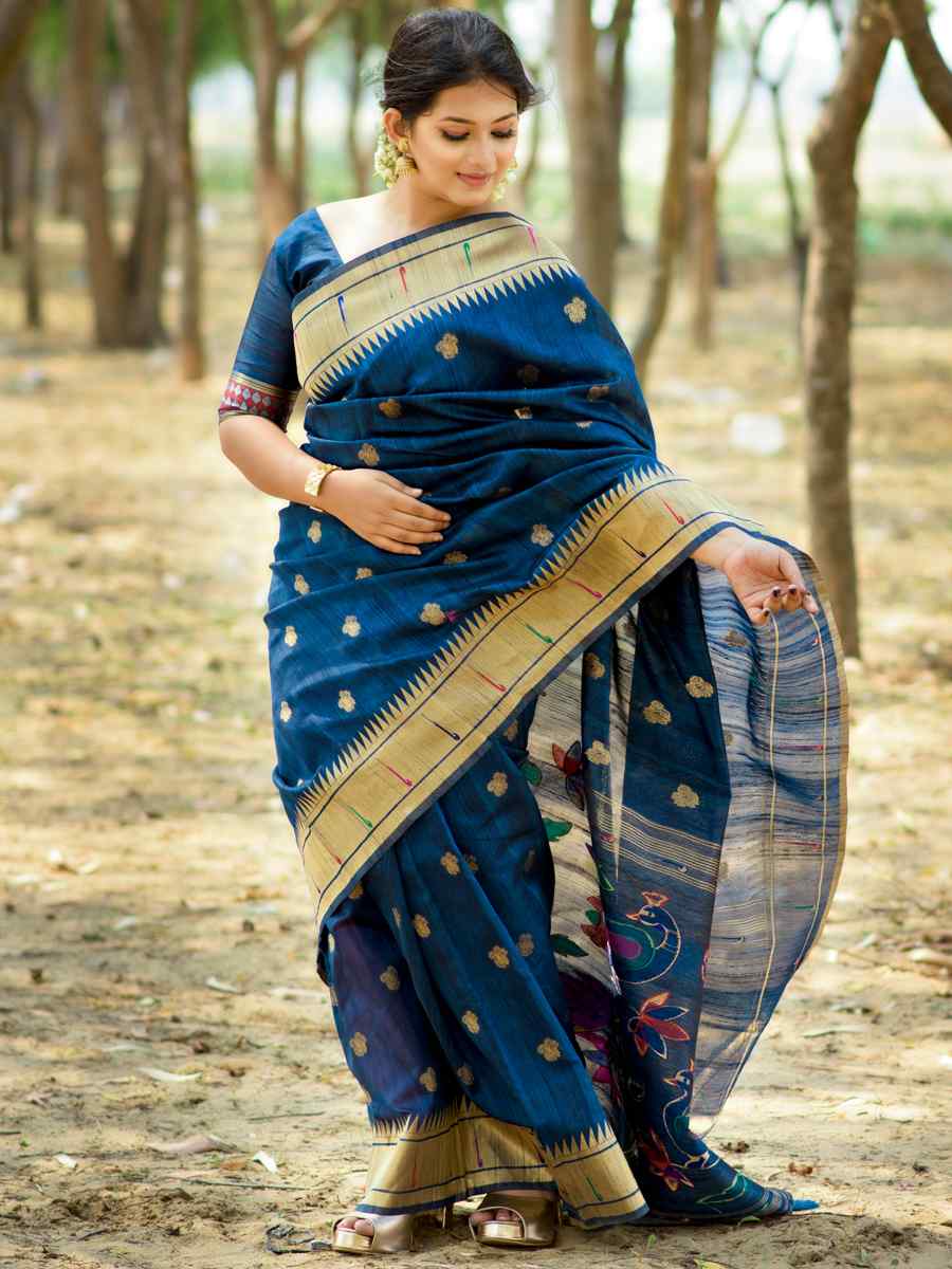 Blue Tussar Silk Handwoven Wedding Festival Heavy Border Saree