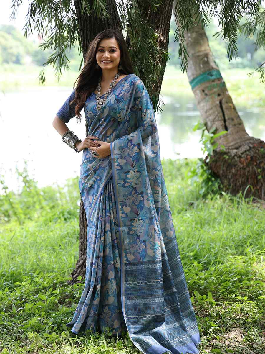 Blue Tussar silk Printed Festival Wedding Classic Style Saree