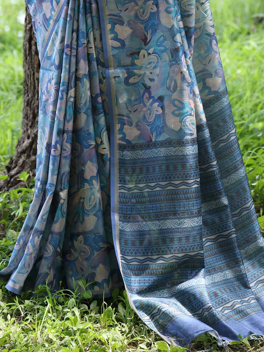 Blue Tussar silk Printed Festival Wedding Classic Style Saree