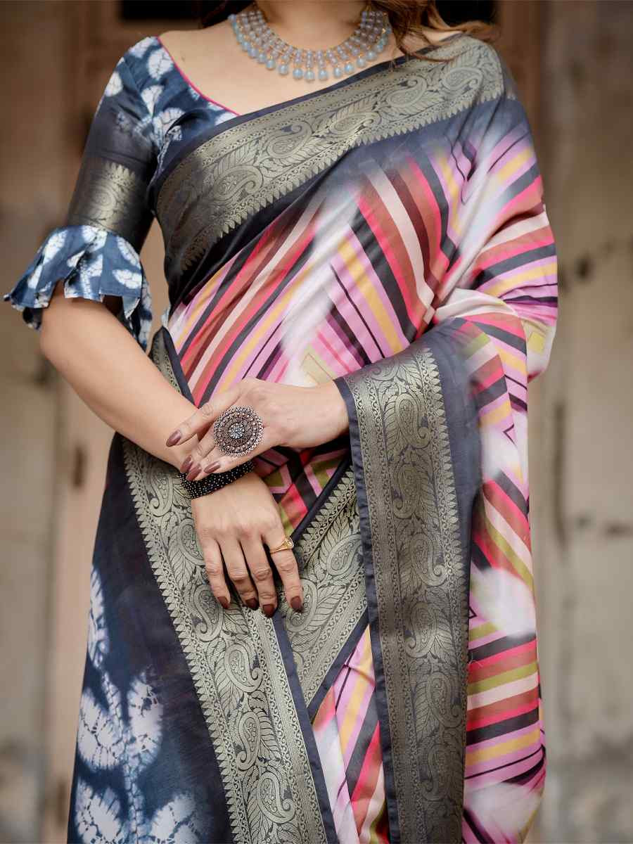Blue Tussar Silk Zari Handwoven Printed Casual Reception Festival Wedding Fancy Heavy Border Saree