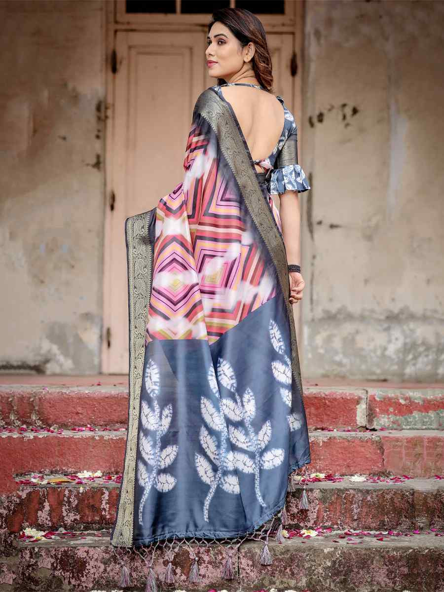 Blue Tussar Silk Zari Handwoven Printed Casual Reception Festival Wedding Fancy Heavy Border Saree