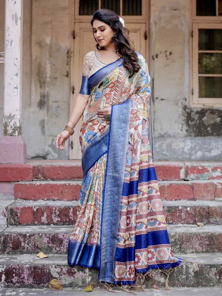 Image of Blue Tussar Silk Zari Handwoven Printed Casual Reception Festival Wedding Fancy Heavy Border Saree