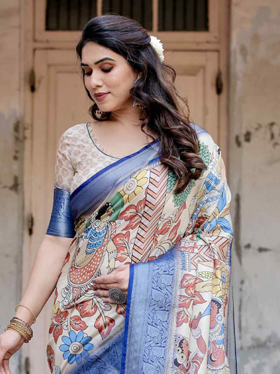 Blue Tussar Silk Zari Handwoven Printed Casual Reception Festival Wedding Fancy Heavy Border Saree