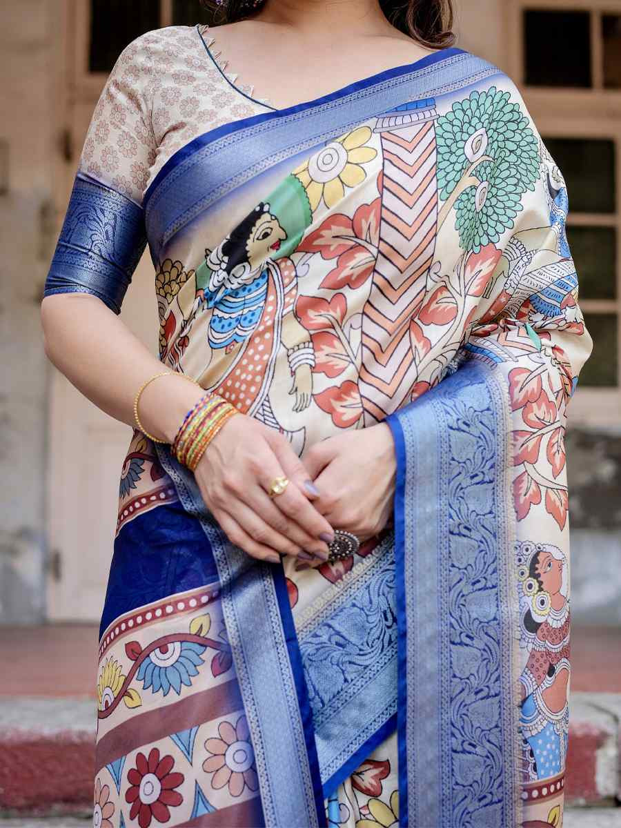 Blue Tussar Silk Zari Handwoven Printed Casual Reception Festival Wedding Fancy Heavy Border Saree