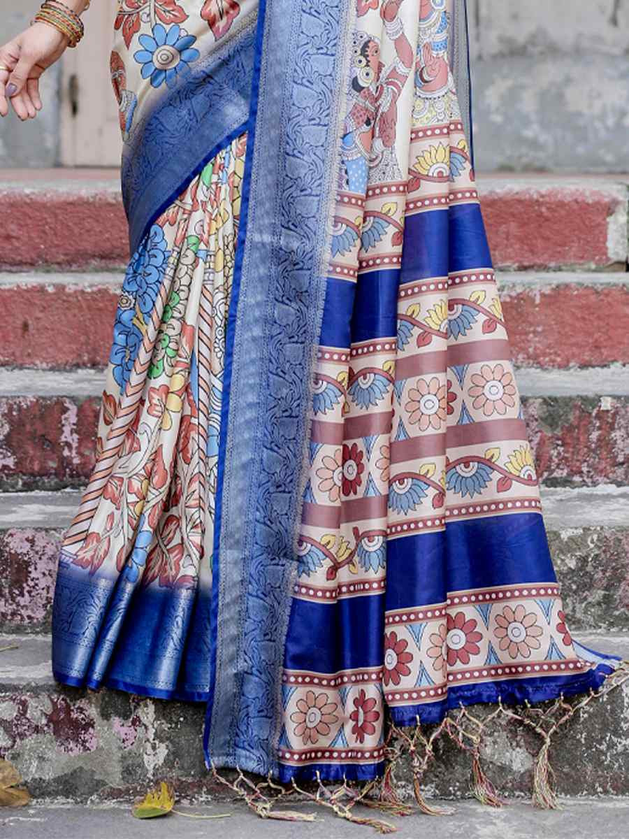 Blue Tussar Silk Zari Handwoven Printed Casual Reception Festival Wedding Fancy Heavy Border Saree