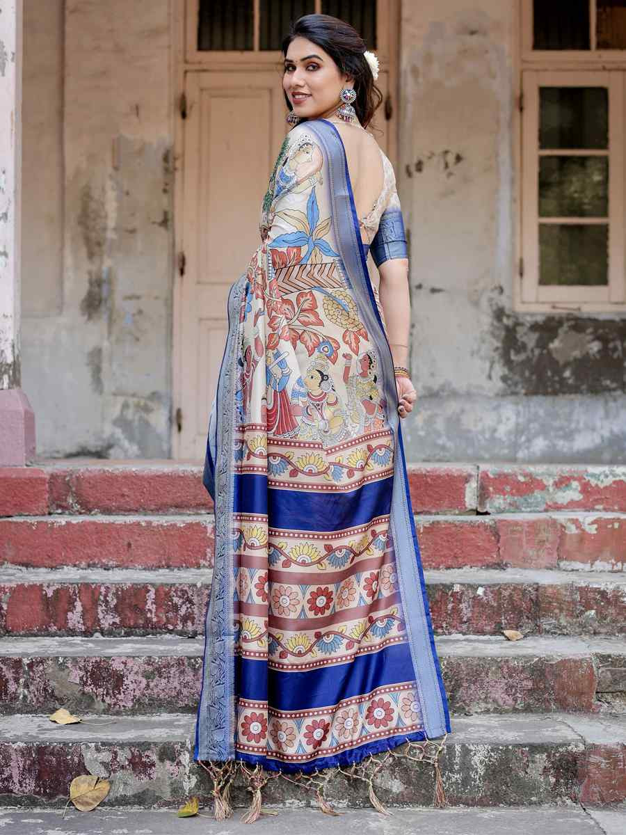 Blue Tussar Silk Zari Handwoven Printed Casual Reception Festival Wedding Fancy Heavy Border Saree
