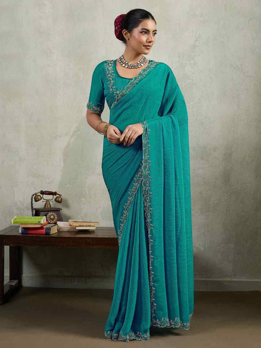 Blue Velvet Chiffon Embroidery Traditional Casual Reception Festival Wedding Fancy Heavy Border Saree