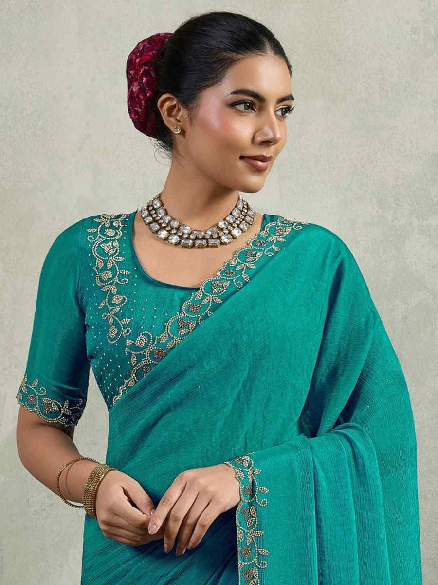 Blue Velvet Chiffon Embroidery Traditional Casual Reception Festival Wedding Fancy Heavy Border Saree