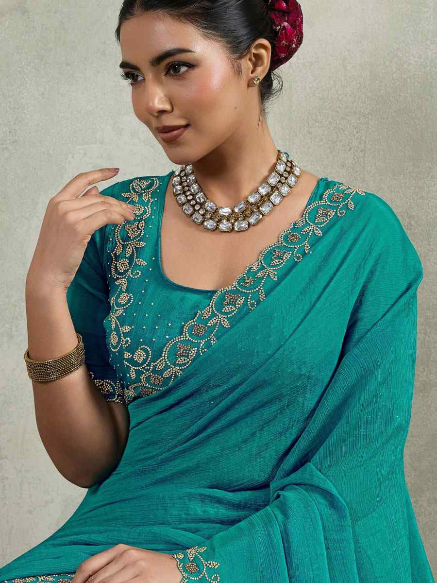 Blue Velvet Chiffon Embroidery Traditional Casual Reception Festival Wedding Fancy Heavy Border Saree