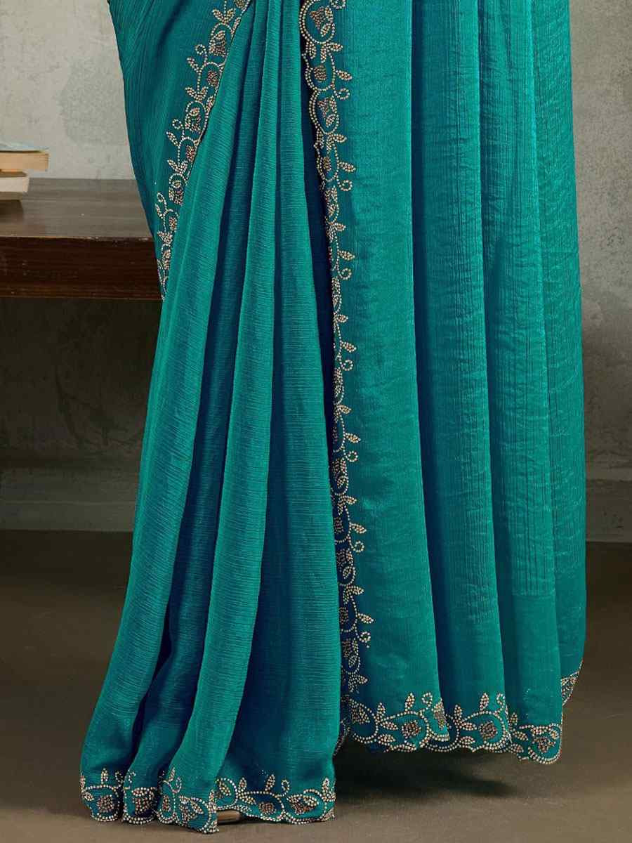 Blue Velvet Chiffon Embroidery Traditional Casual Reception Festival Wedding Fancy Heavy Border Saree