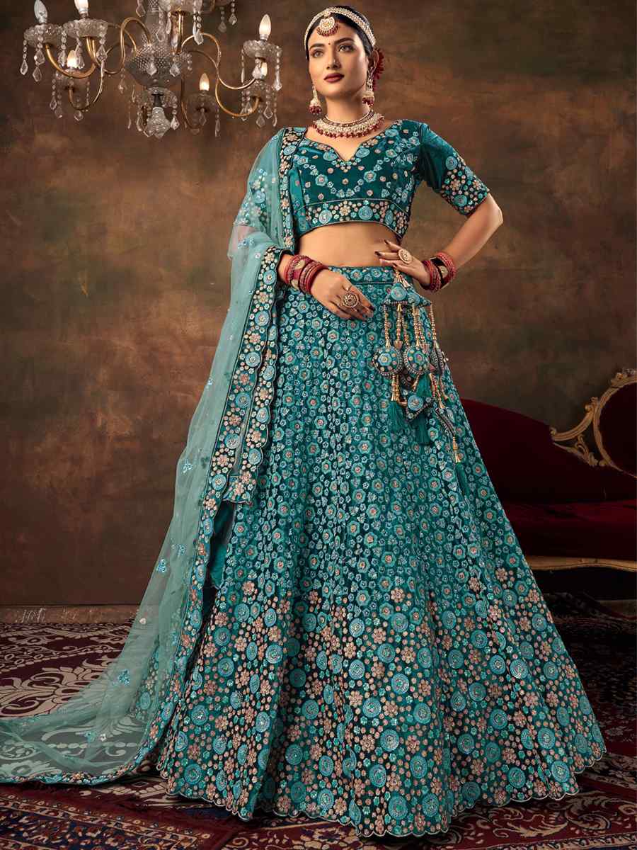 Blue Velvet Embroidered Bridal Reception Heavy Border Lehenga Choli