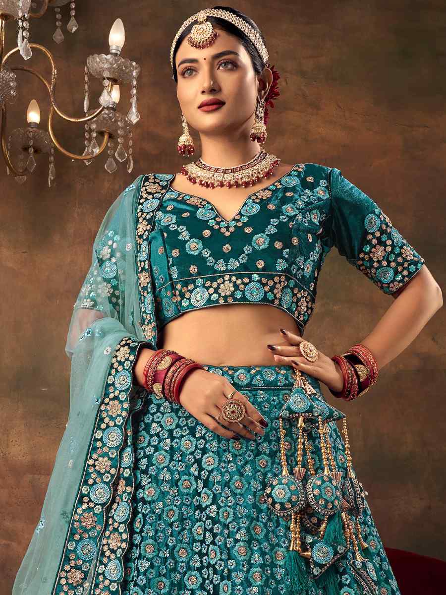 Blue Velvet Embroidered Bridal Reception Heavy Border Lehenga Choli