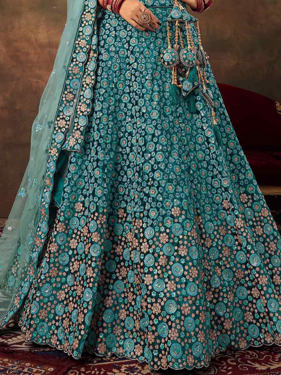 Blue Velvet Embroidered Bridal Reception Heavy Border Lehenga Choli