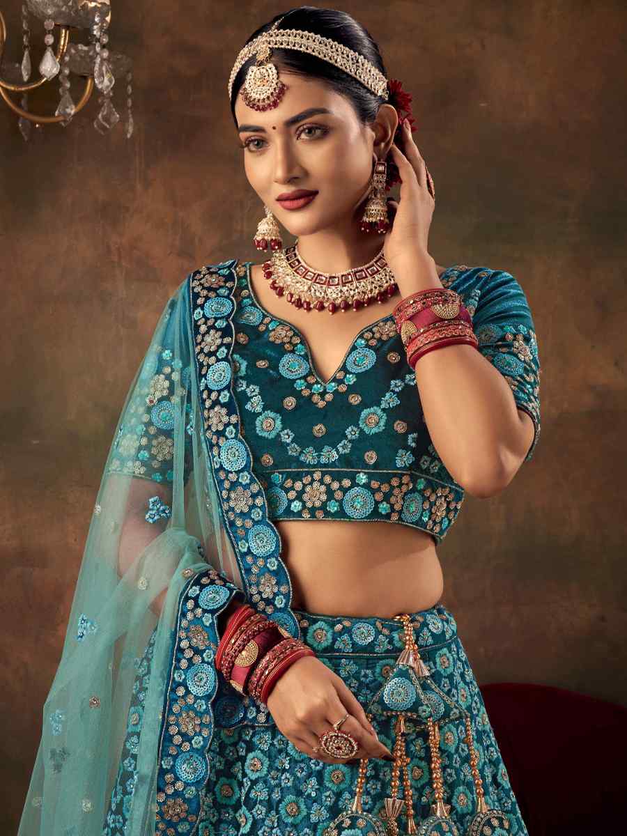 Blue Velvet Embroidered Bridal Reception Heavy Border Lehenga Choli