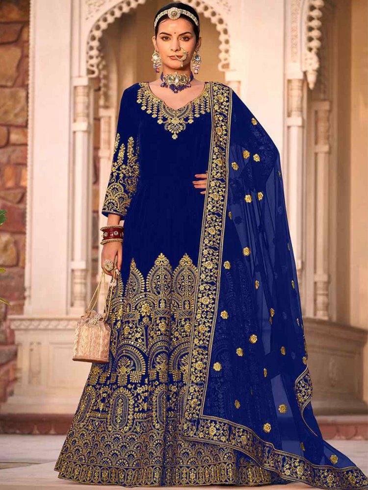 Blue Velvet Embroidered Engagement Wedding Anarkali Salwar Kameez