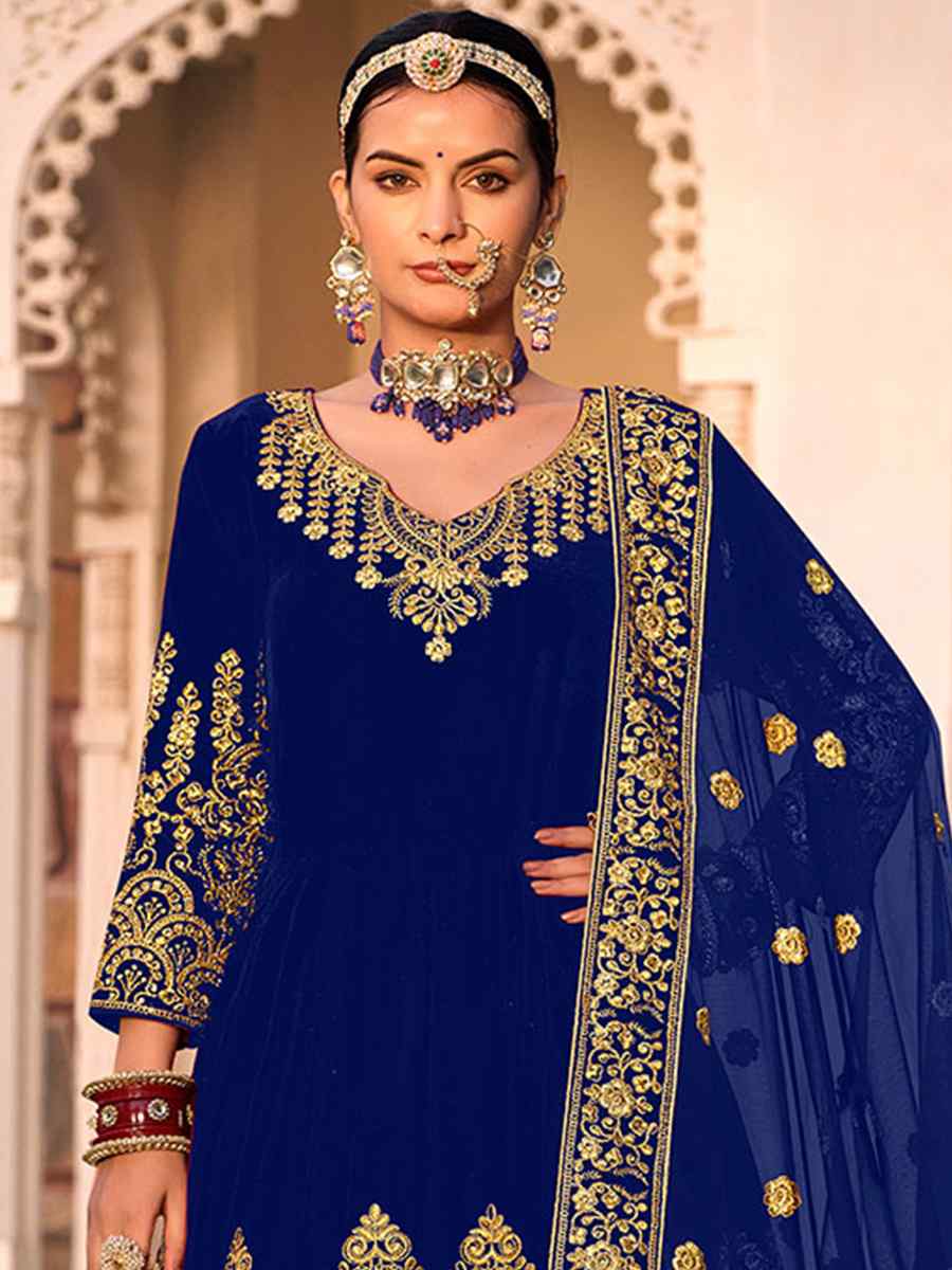 Blue Velvet Embroidered Engagement Wedding Anarkali Salwar Kameez