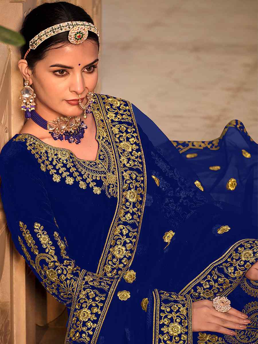 Blue Velvet Embroidered Engagement Wedding Anarkali Salwar Kameez