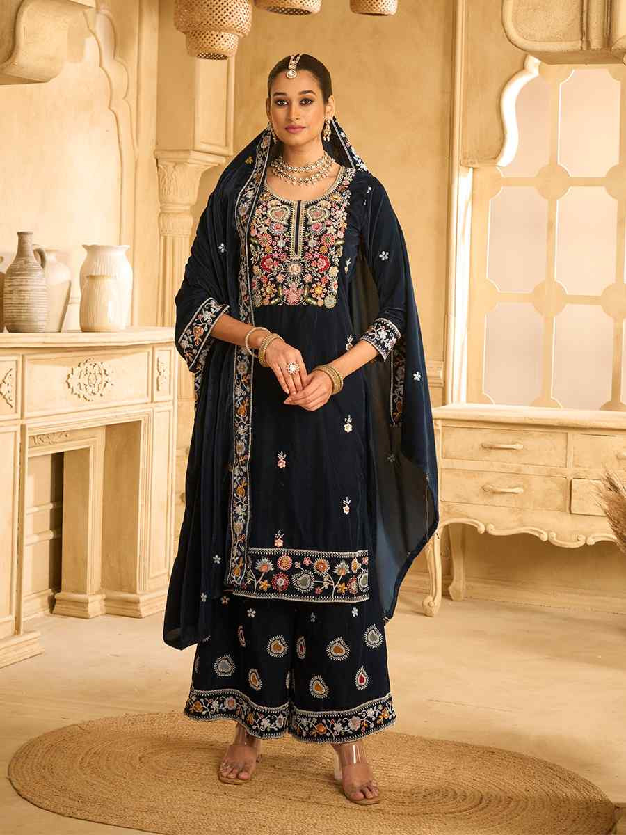 Blue Velvet Embroidered Festival Casual Palazzo Pant Salwar Kameez