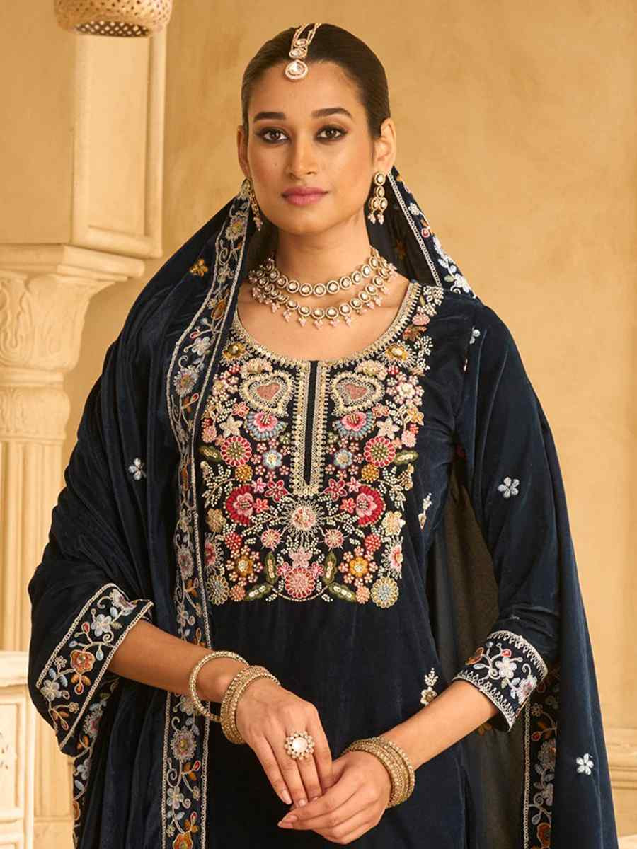 Blue Velvet Embroidered Festival Casual Palazzo Pant Salwar Kameez