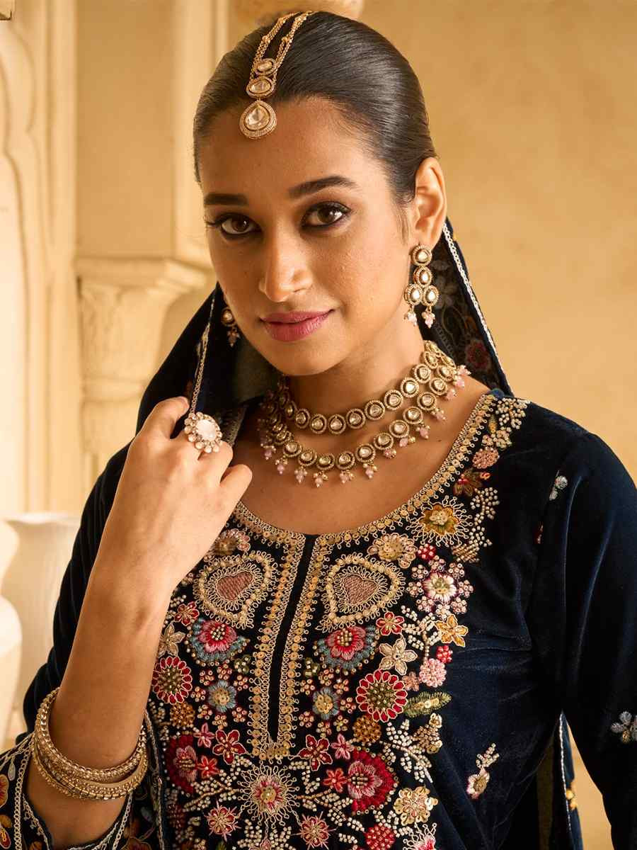 Blue Velvet Embroidered Festival Casual Palazzo Pant Salwar Kameez