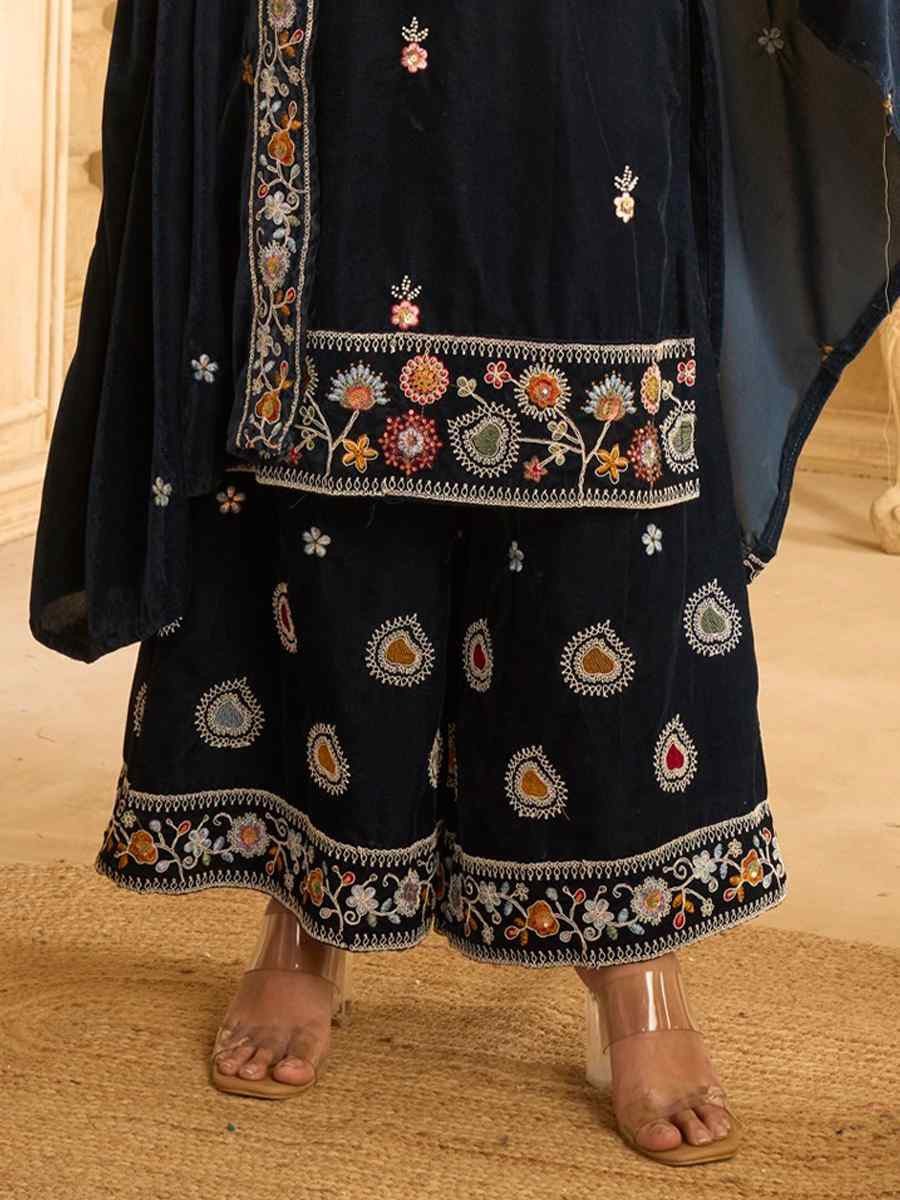 Blue Velvet Embroidered Festival Casual Palazzo Pant Salwar Kameez