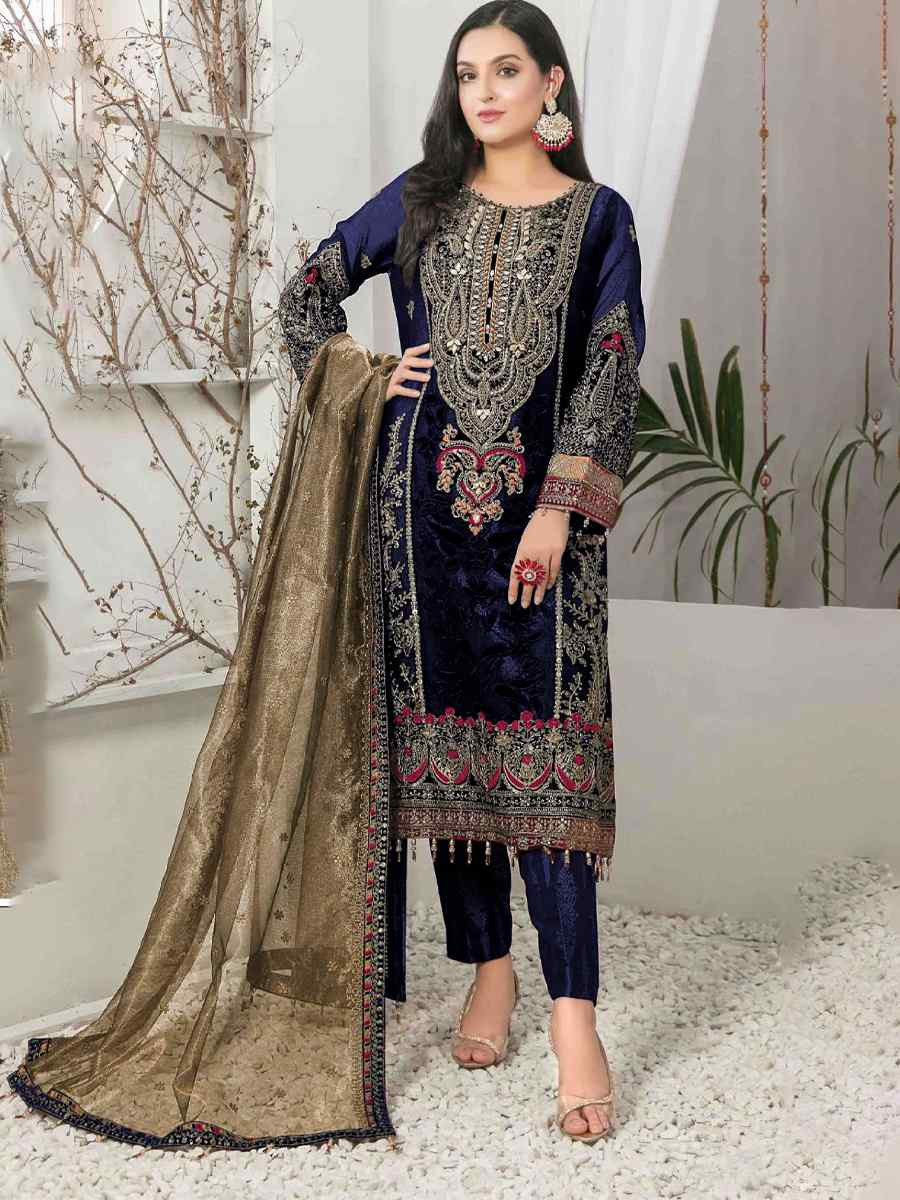 Blue Velvet Embroidered Festival Casual Pant Salwar Kameez
