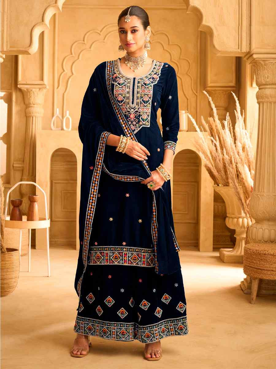 Blue Velvet Embroidered Festival Casual Ready Palazzo Pant Salwar Kameez