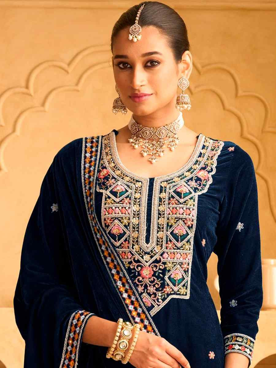 Blue Velvet Embroidered Festival Casual Ready Palazzo Pant Salwar Kameez