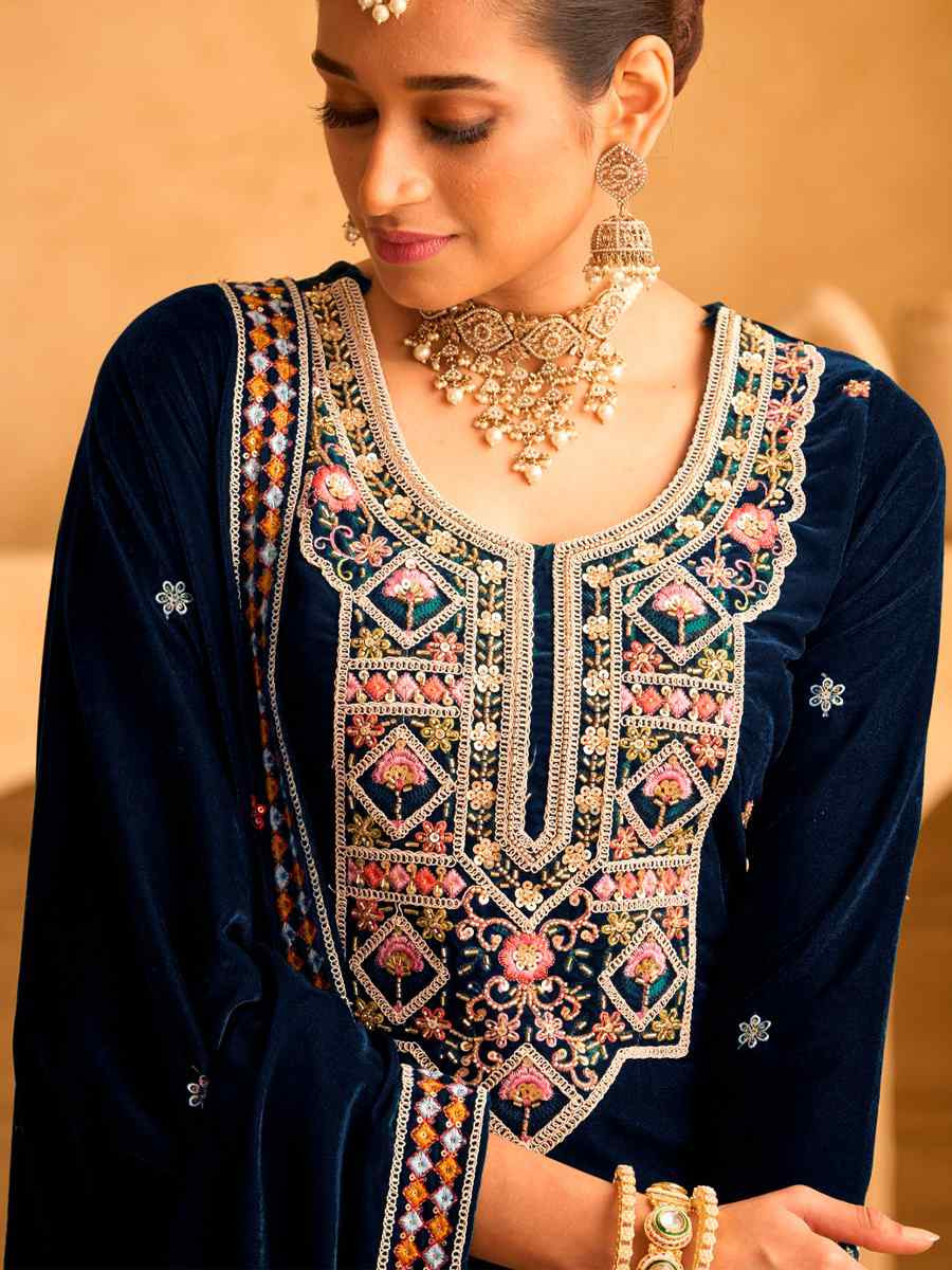 Blue Velvet Embroidered Festival Casual Ready Palazzo Pant Salwar Kameez